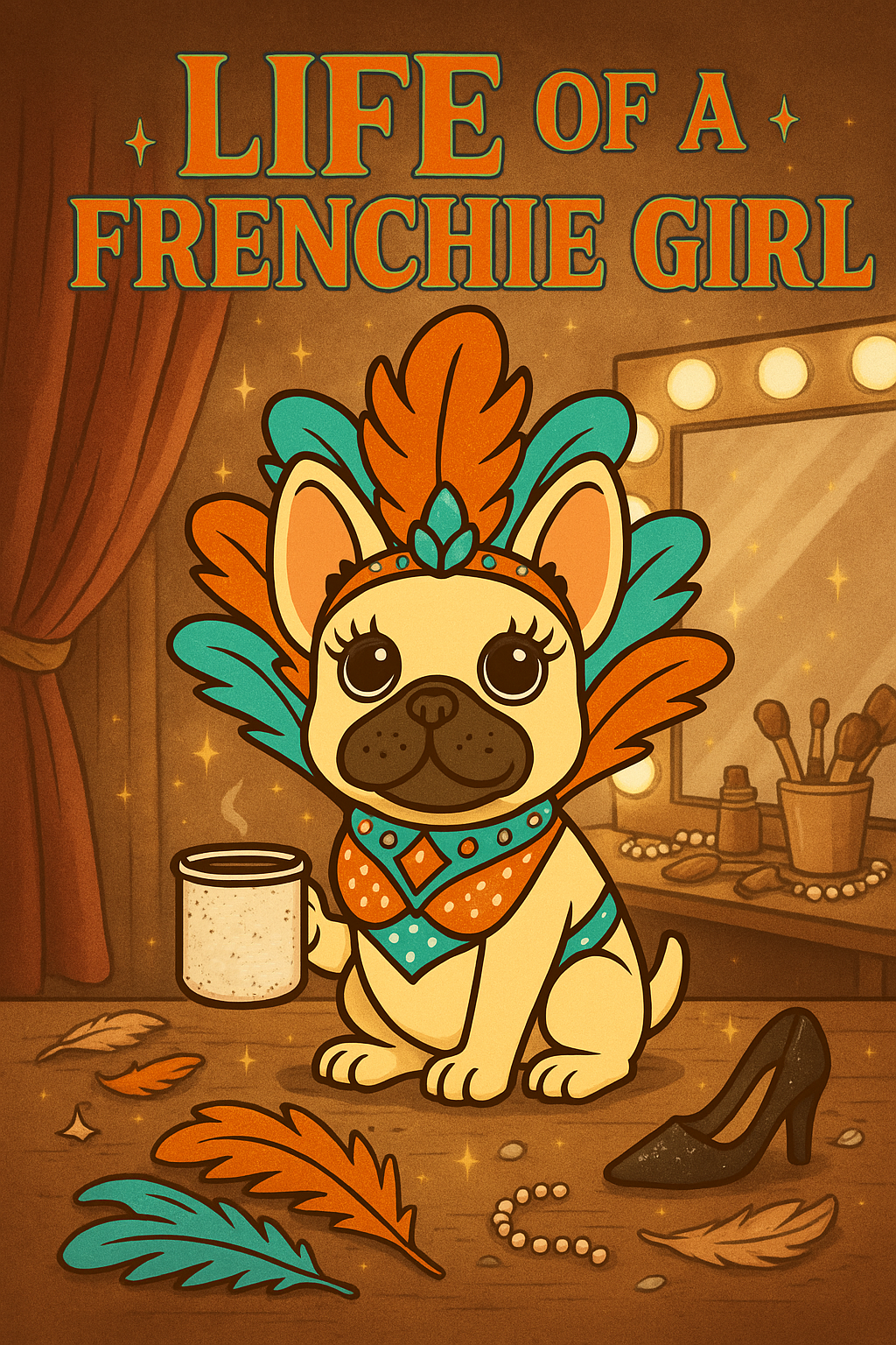 ackstage French Bulldog showgirl illustration with feathers, coffee mug, and vanity lights.