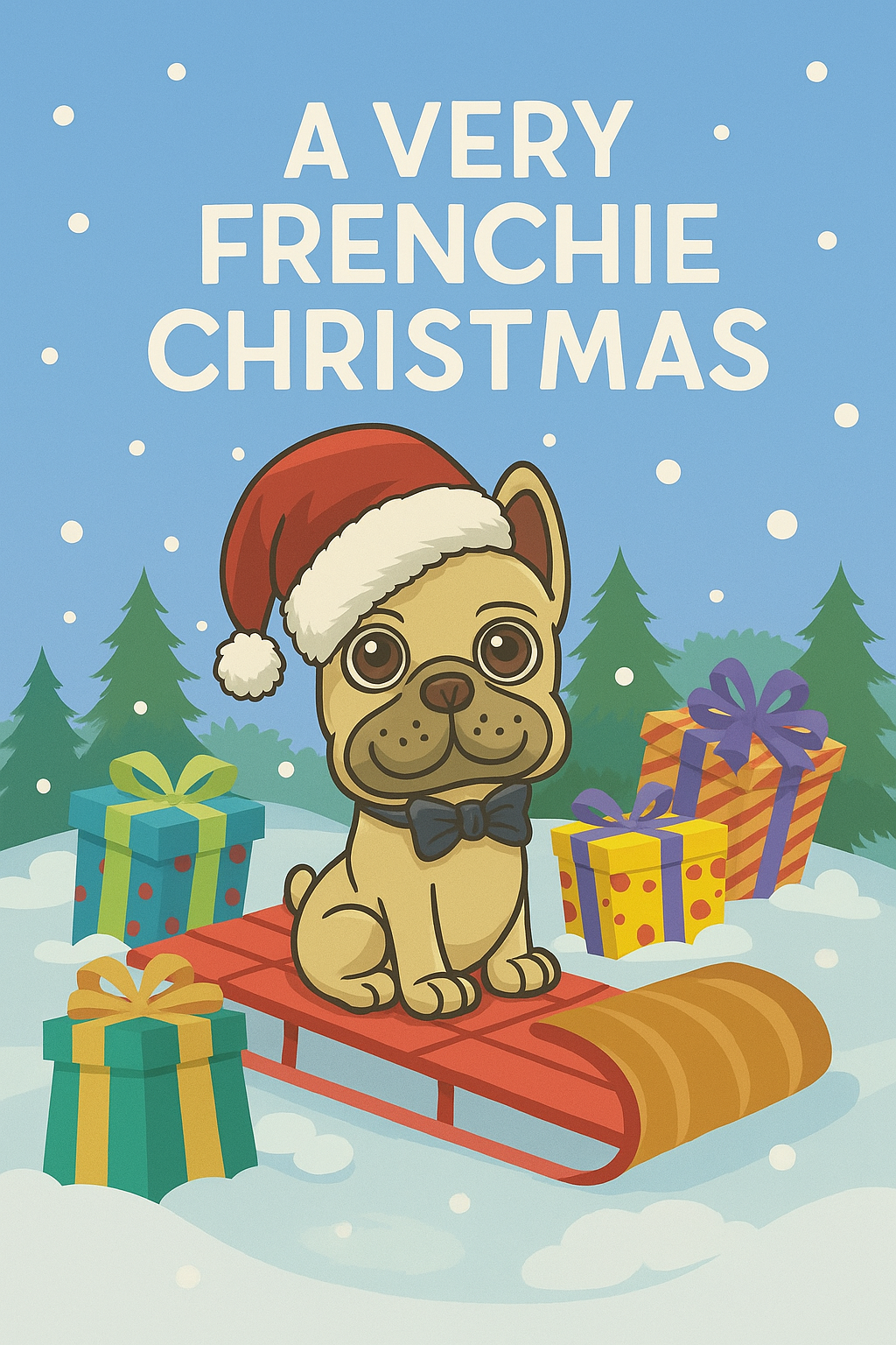 A holiday-themed illustration of a French Bulldog in a Santa hat sitting on a sled in the snow, surrounded by wrapped Christmas presents and pine trees, representing the A Very Frenchie Christmas collection from Frenchie Coffee Roasters.