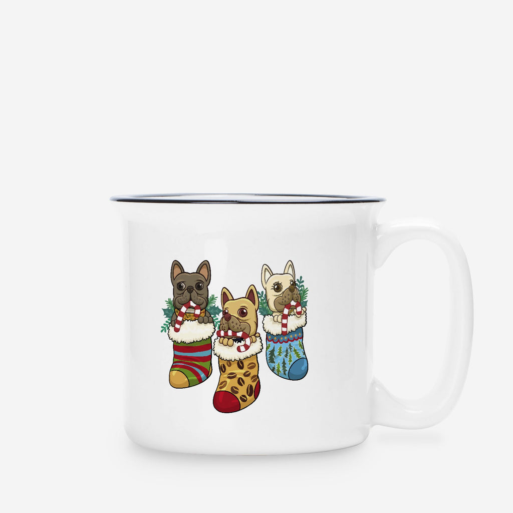 White ceramic camp mug featuring three French Bulldogs in Christmas stockings from Frenchie Coffee Roasters holiday collection.