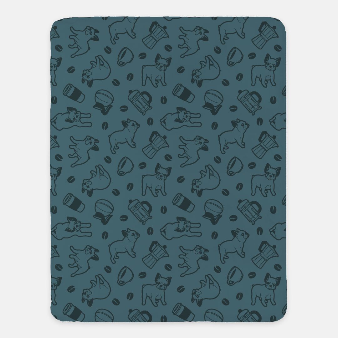 Blue Frenchie sherpa blanket featuring French Bulldog and coffee pattern with plush sherpa backing