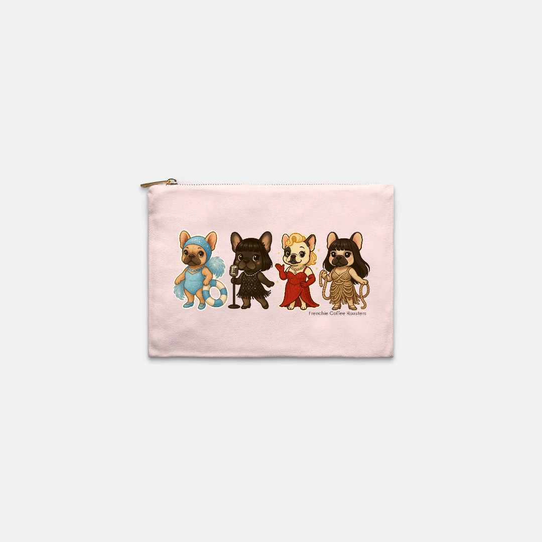 Pink cotton canvas cosmetic bag featuring Ophelia French Bulldog character from Life of a Frenchie Girl collection