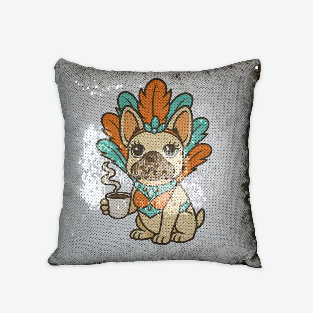 Reversible sequin pillow case from Frenchie Coffee Roasters featuring a whimsical Life of a Frenchie Girl character in teal and orange showgirl feathers holding a cup of coffee