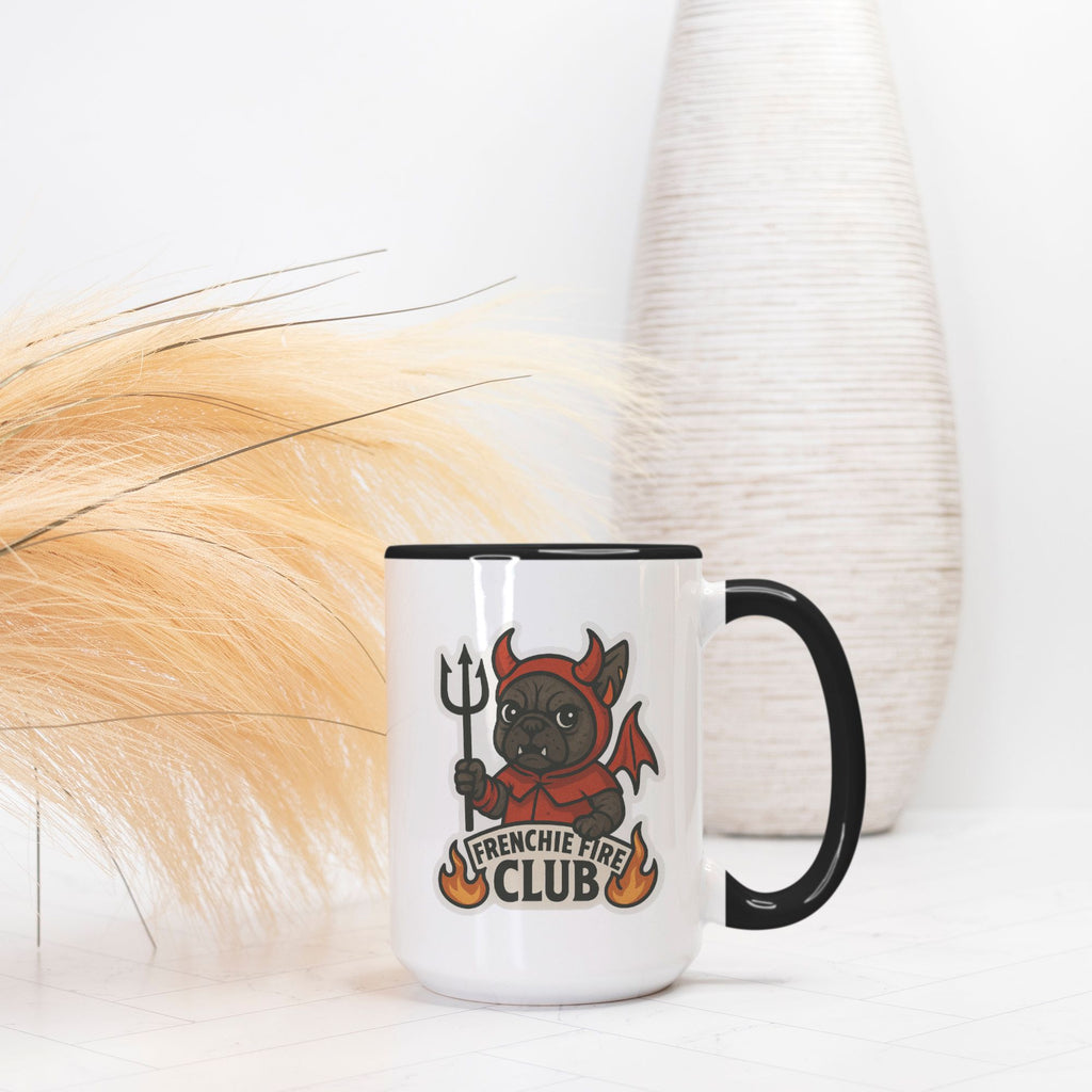 Banjo Frenchie Fire Club Mug featuring illustrated French Bulldog character in red fire-club costume holding a trident.