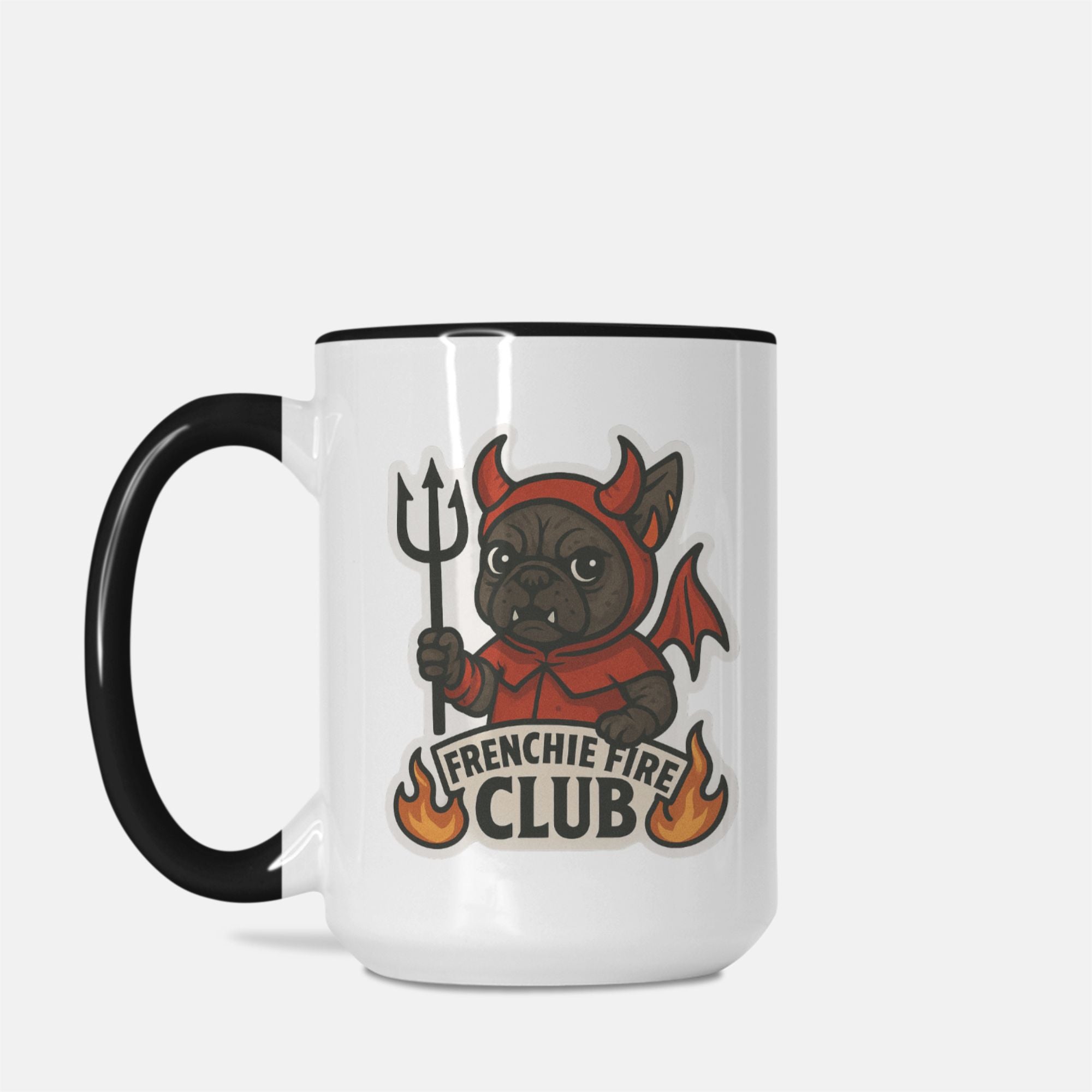 Banjo Frenchie Fire Club Mug featuring illustrated French Bulldog character in red fire-club costume holding a trident.