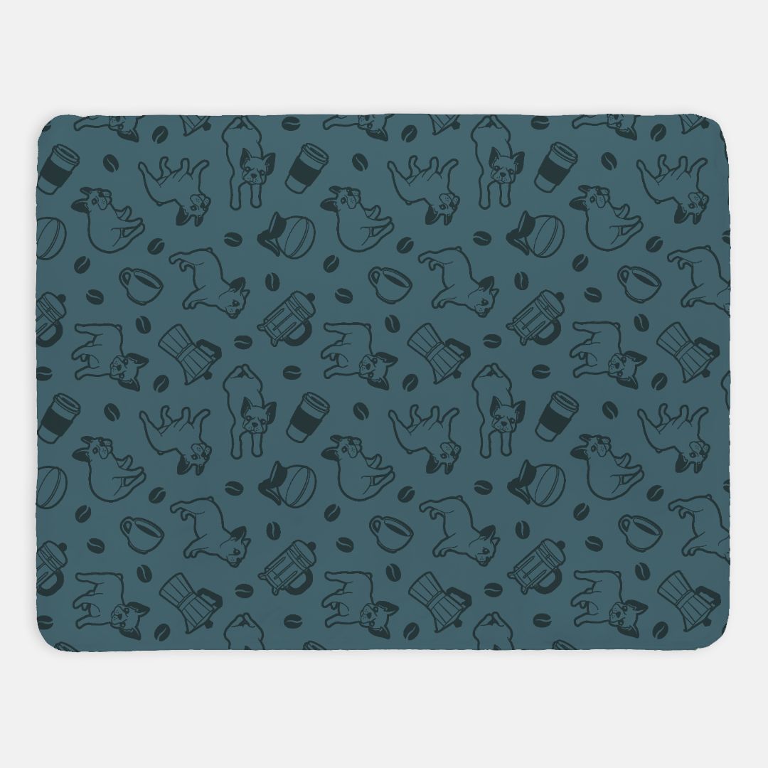 Blue Frenchie sherpa blanket featuring French Bulldog and coffee pattern with plush sherpa backing