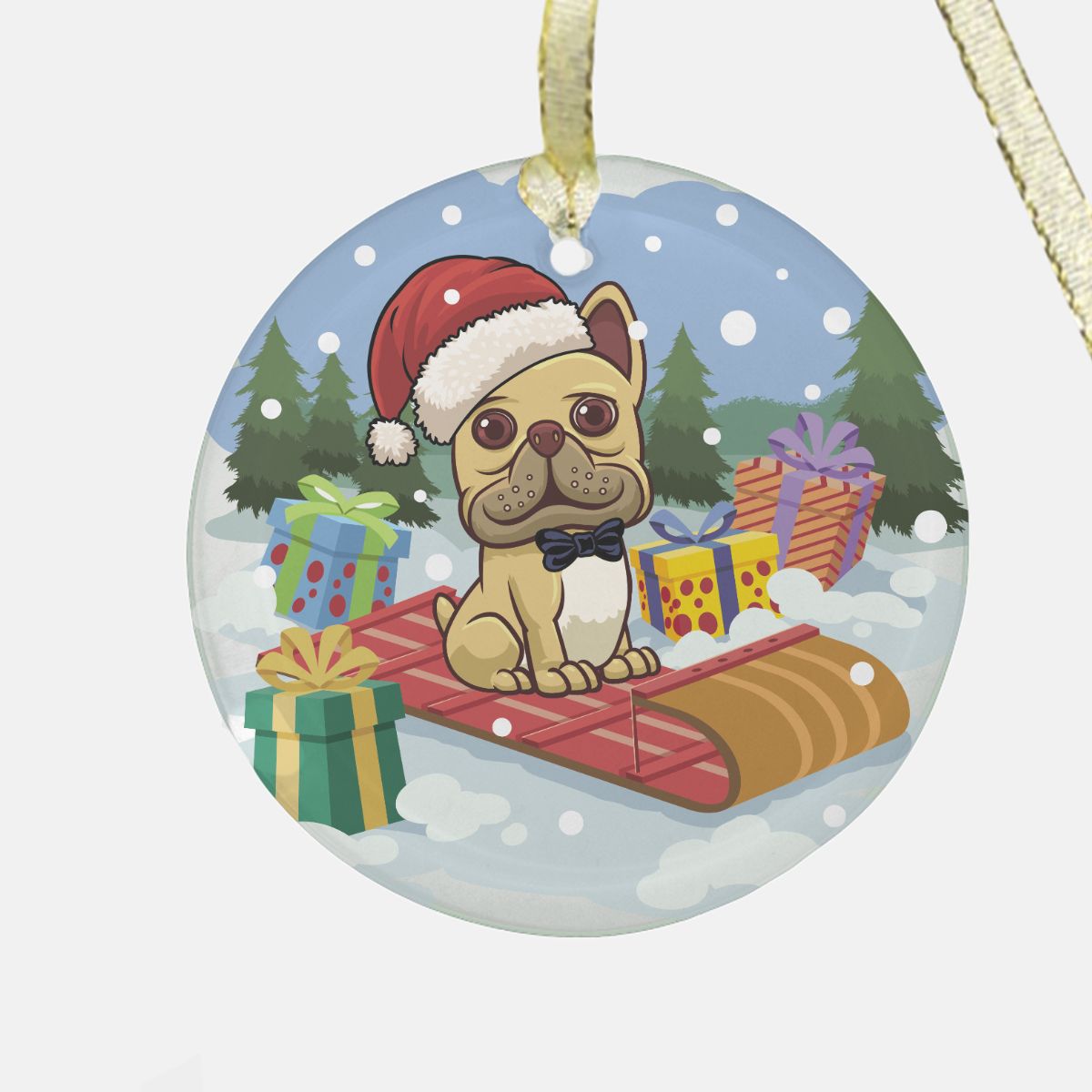 A clear glass Christmas ornament featuring a French Bulldog wearing a Santa hat and sitting on a sled surrounded by holiday gifts, from the A Very Frenchie Christmas collection by Frenchie Coffee Roasters.
