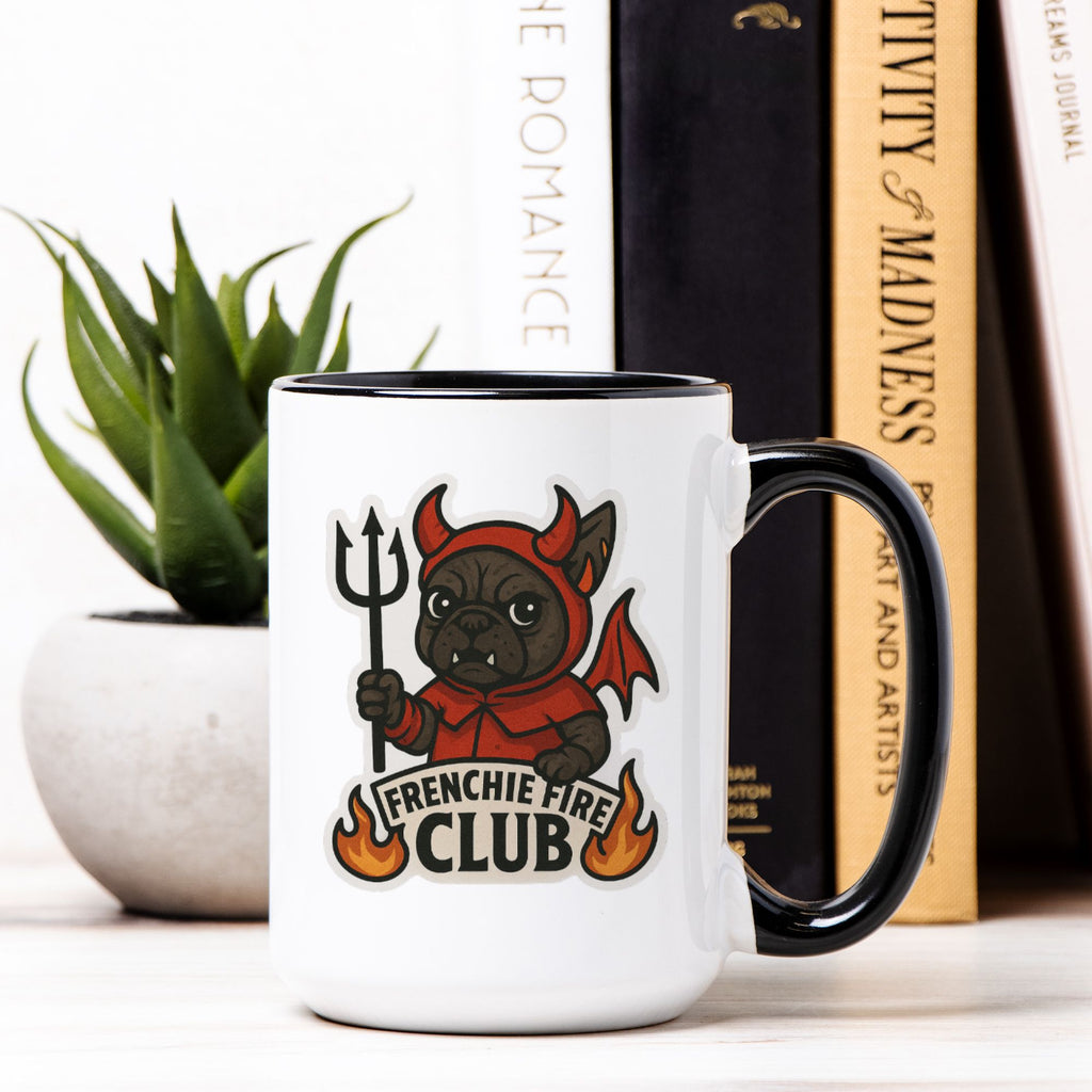 Banjo Frenchie Fire Club Mug featuring illustrated French Bulldog character in red fire-club costume holding a trident.