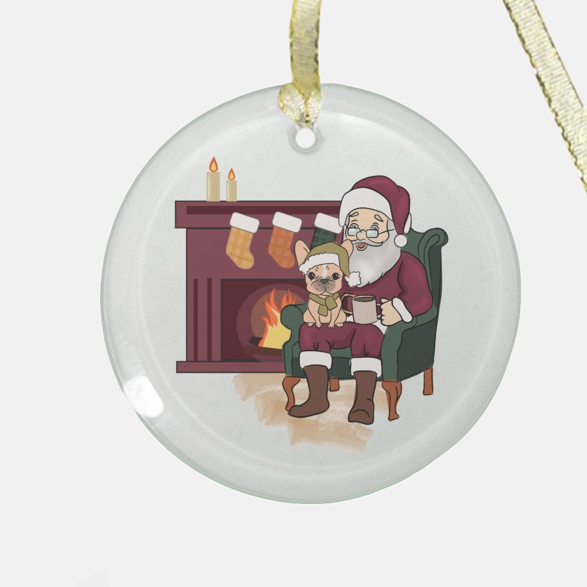 Christmas ornament with Santa Claus and a dog by a fireplace