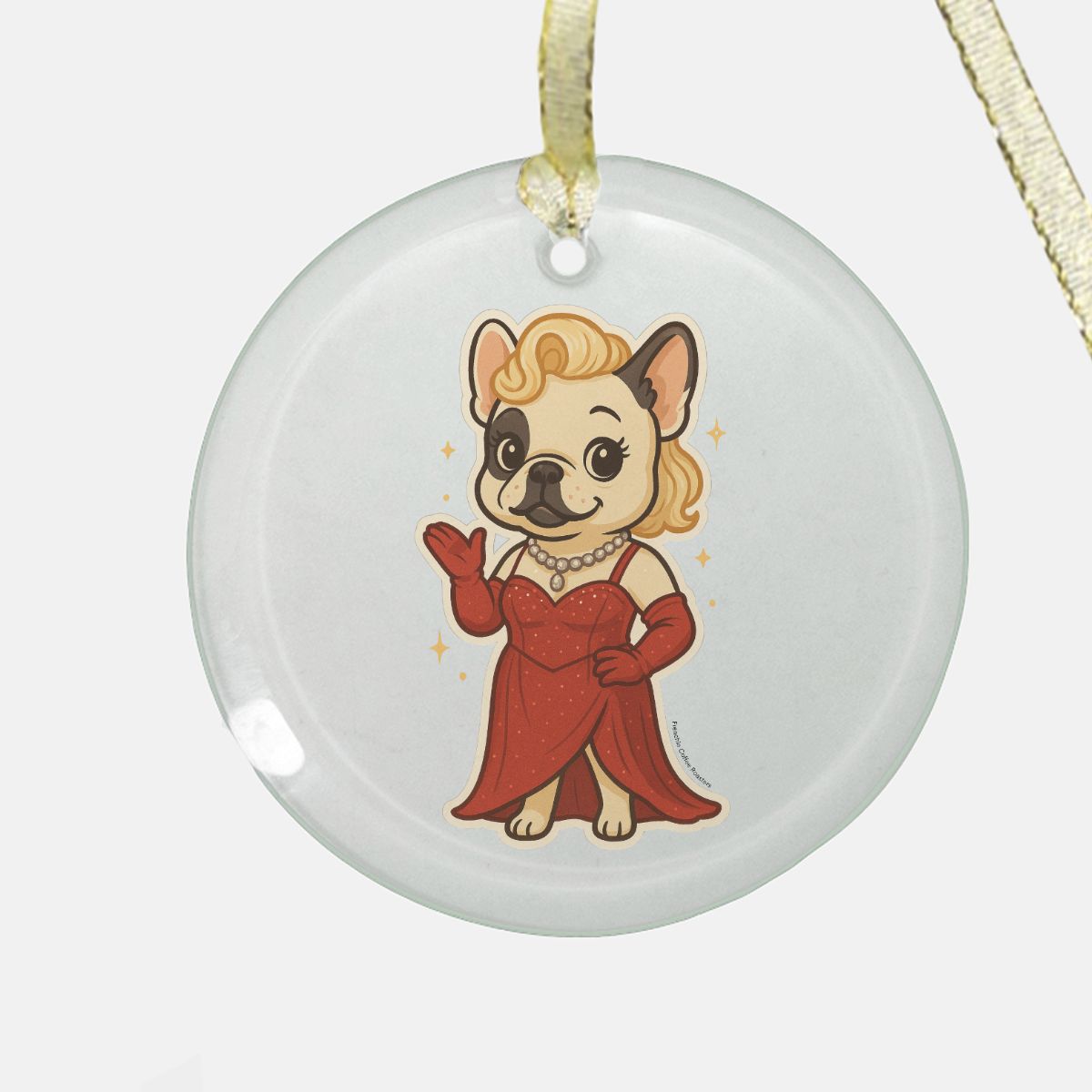 Clear glass ornament featuring Ophelia, a glamorous French Bulldog character in a sparkly red dress from the Life of a Frenchie Girl collection.