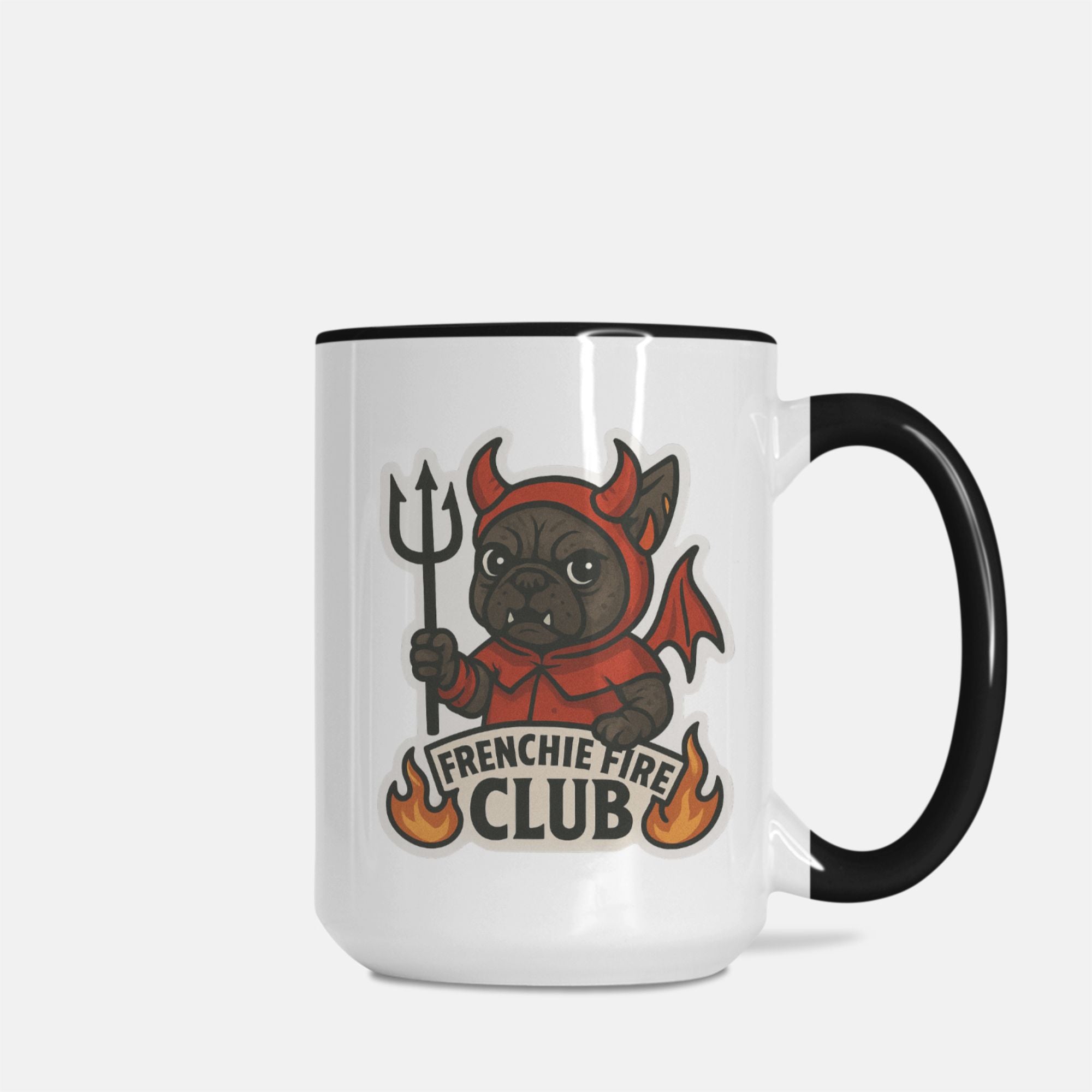 Banjo Frenchie Fire Club Mug featuring illustrated French Bulldog character in red fire-club costume holding a trident.