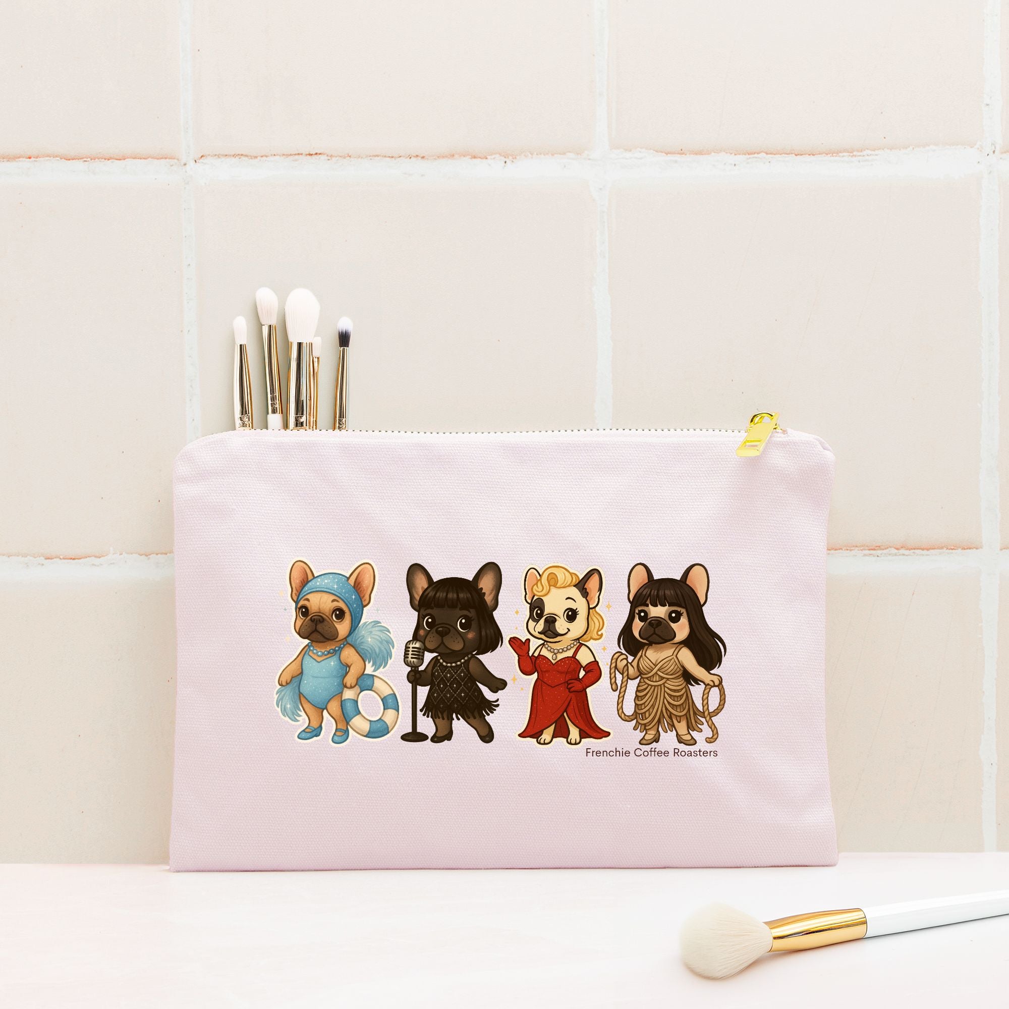 Makeup pouch with cartoon dog illustrations on a tiled wall background