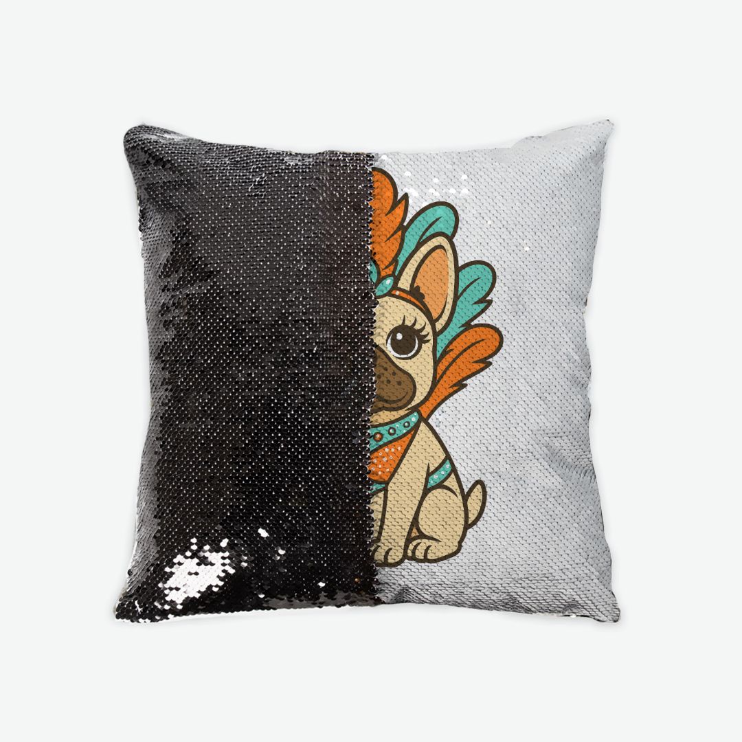 Reversible sequin pillow case from Frenchie Coffee Roasters featuring a whimsical Life of a Frenchie Girl character in teal and orange showgirl feathers holding a cup of coffee