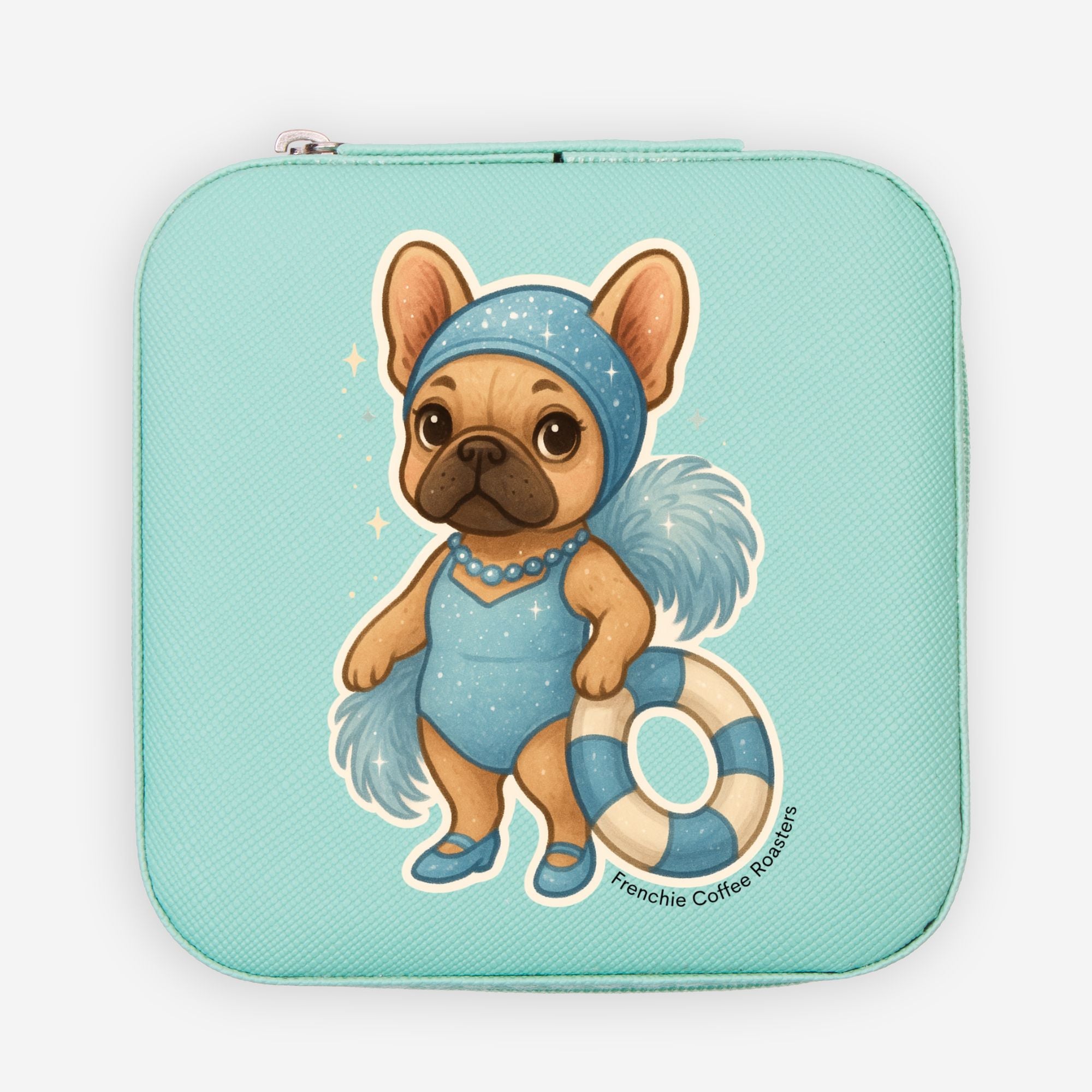 Teal jewelry travel case featuring a swimming French Bulldog illustration with organized velvet interior compartments