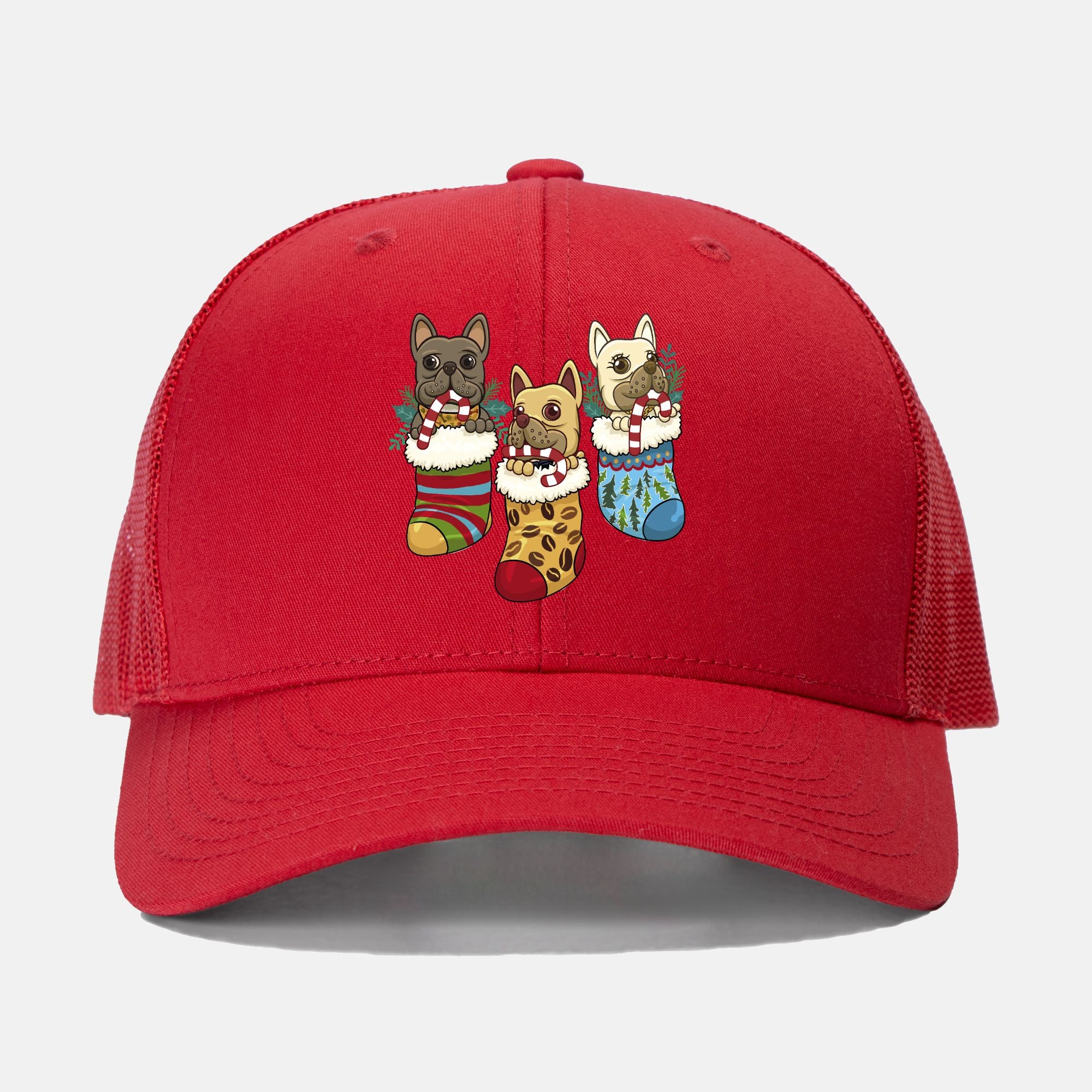 Retro red trucker hat featuring French Bulldog pups in Christmas stockings illustration