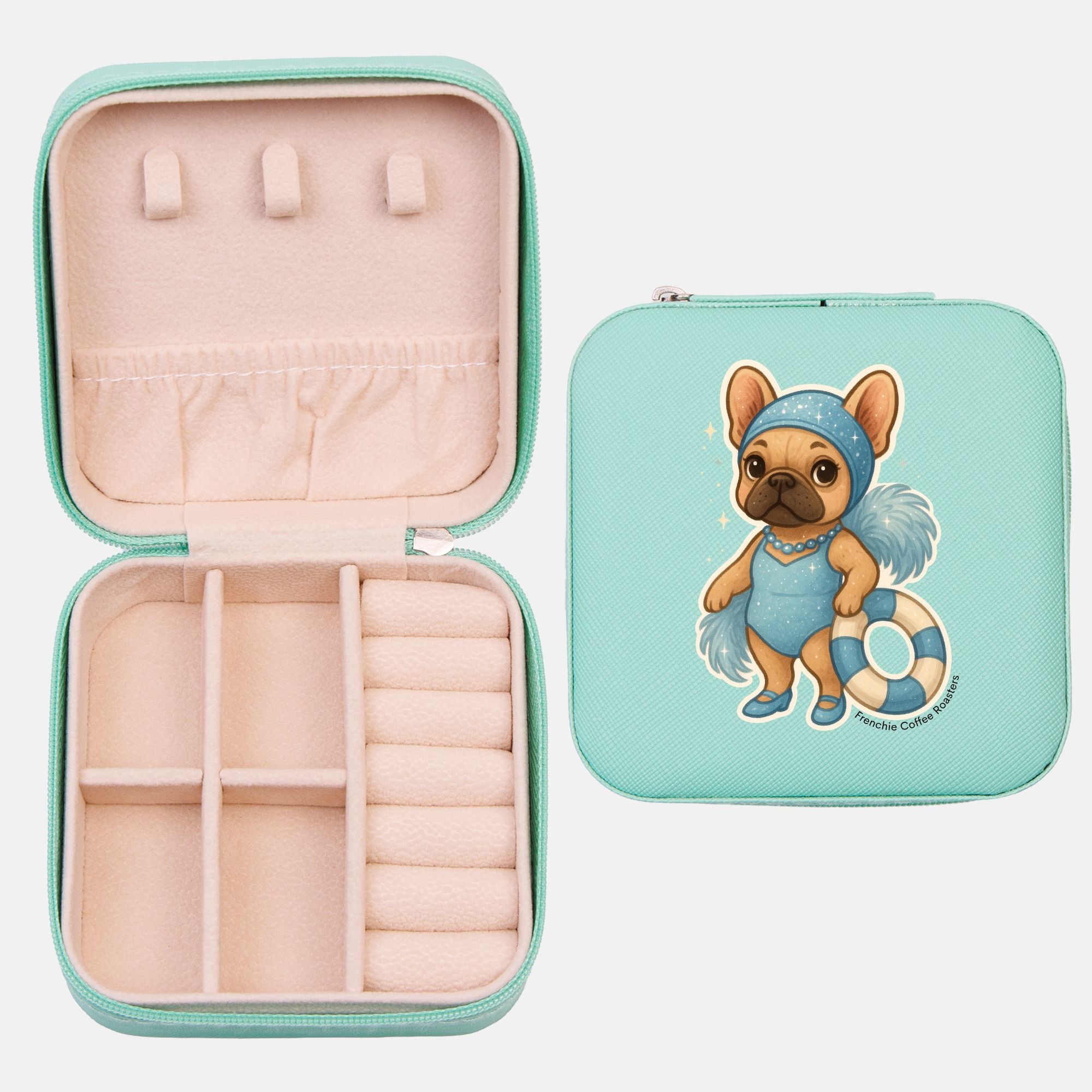 Teal jewelry travel case featuring a swimming French Bulldog illustration with organized velvet interior compartments