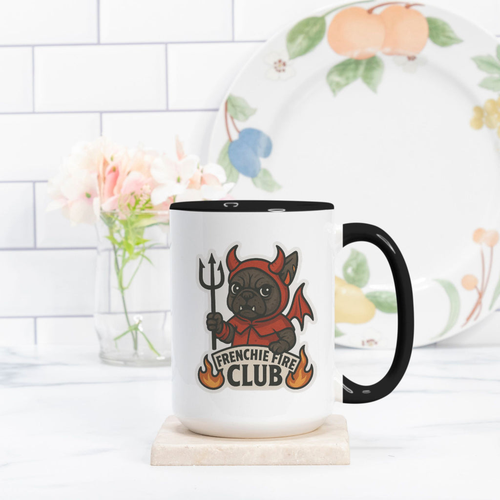 Banjo Frenchie Fire Club Mug featuring illustrated French Bulldog character in red fire-club costume holding a trident.