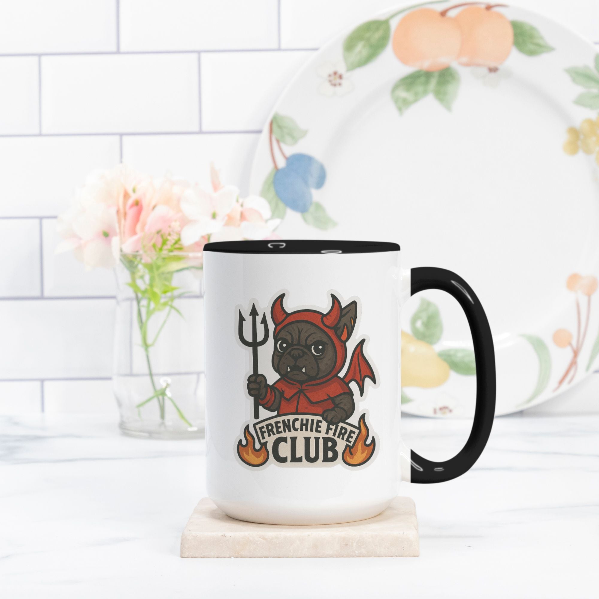 Banjo Frenchie Fire Club Mug featuring illustrated French Bulldog character in red fire-club costume holding a trident.